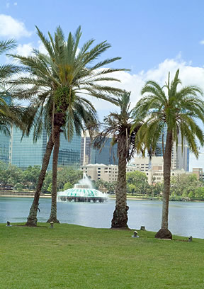 Lake Eola Park is a scenic vista in Orlando’s skyline.